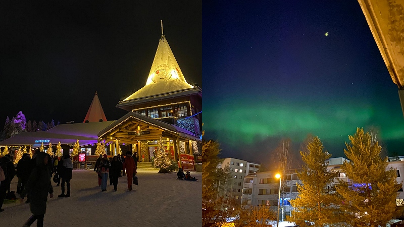Vesnička Santy Clause a polární záře nad Rovaniemi